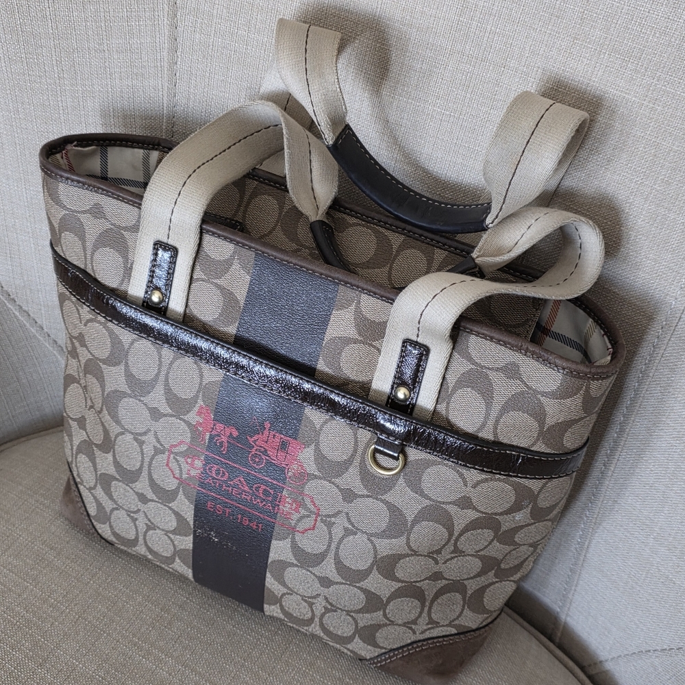 Coach Brown Signature Canvas Tote with Red Logo and Dark Brown Stripe - Picture 7 of 16